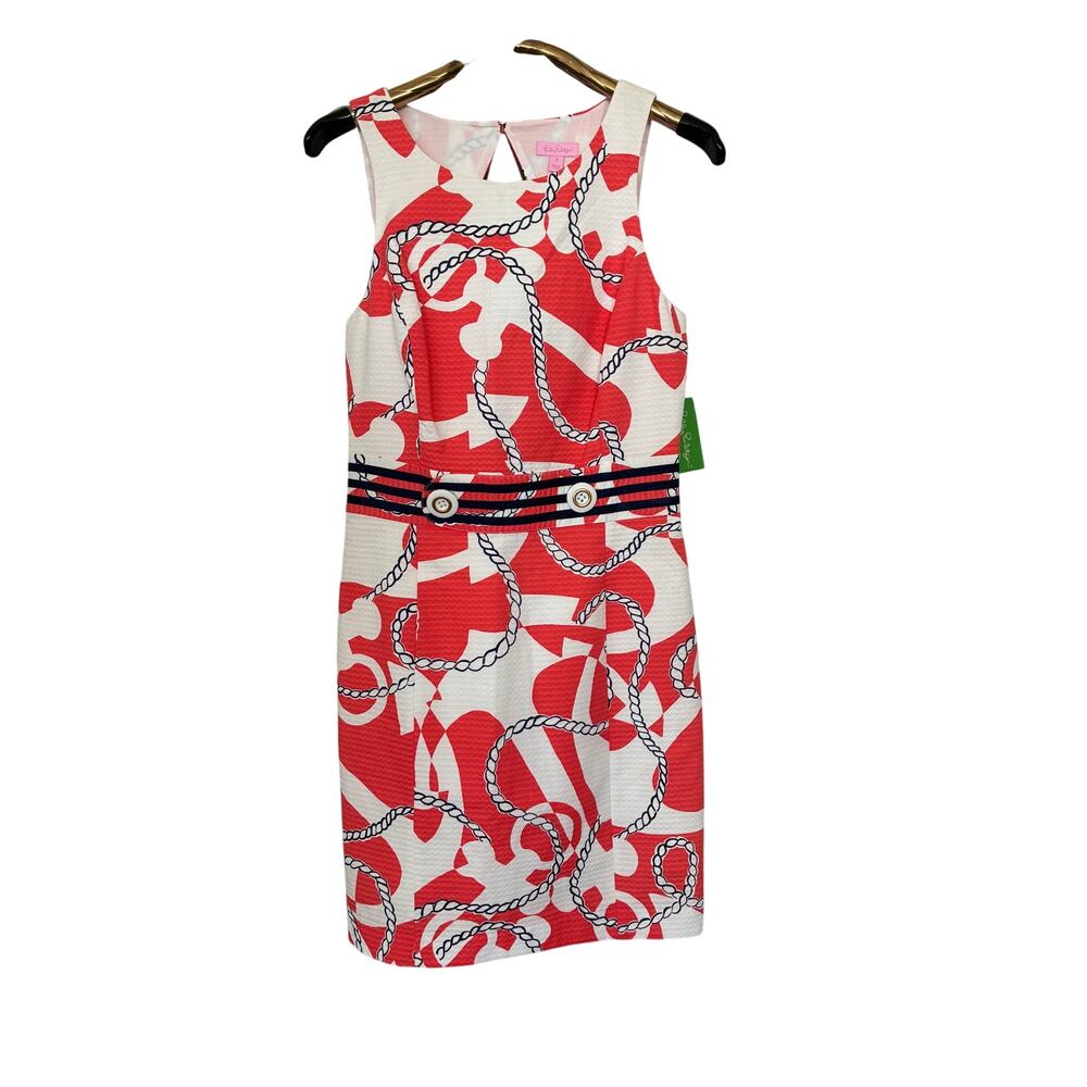 Lilly Pulitzer Dress Rare Shift Keyhole Back Orange White Button Detail Waist 8 - Picture 2 of 9